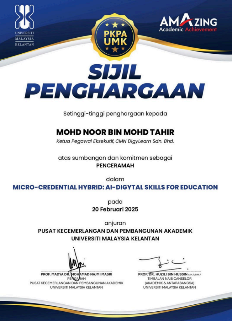 Sijil Penghargaan — Universiti Malaysia Kelantan